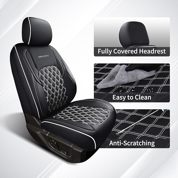 Huidasource Silverado Seat Covers Front Back Leather Seat Accessories Fit for Chevy Silverado GMC Sierra 1500 2007-2013&2019-2025, 2500HD 3500HD 2020-2025 Crew Double Cab(Full Set/Black&White)