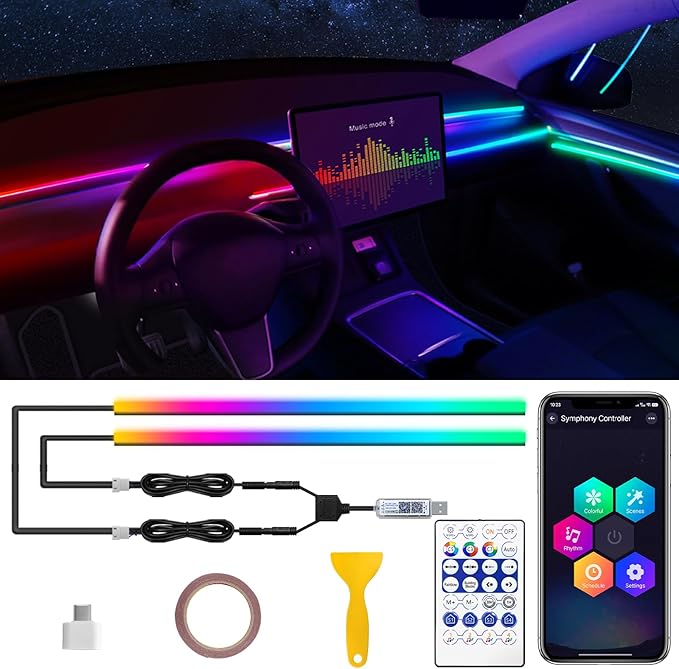 Dreamcolor Acrylic Interior Car LED Strip Light with USB/Type C, RGB 2 in 1 with 86.6 inches LED Strip, Dynamic Chasing Music Sync Neon Ambient Lighting Kits