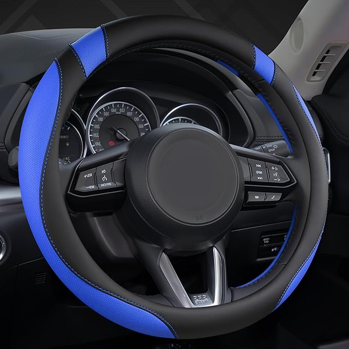 West Llama Microfiber Leather Car Steering Wheel Cover Universal Fit 15-15.5 inch SUV,Sedan,Car,Trucks(Black+Blue-M-Large Size)