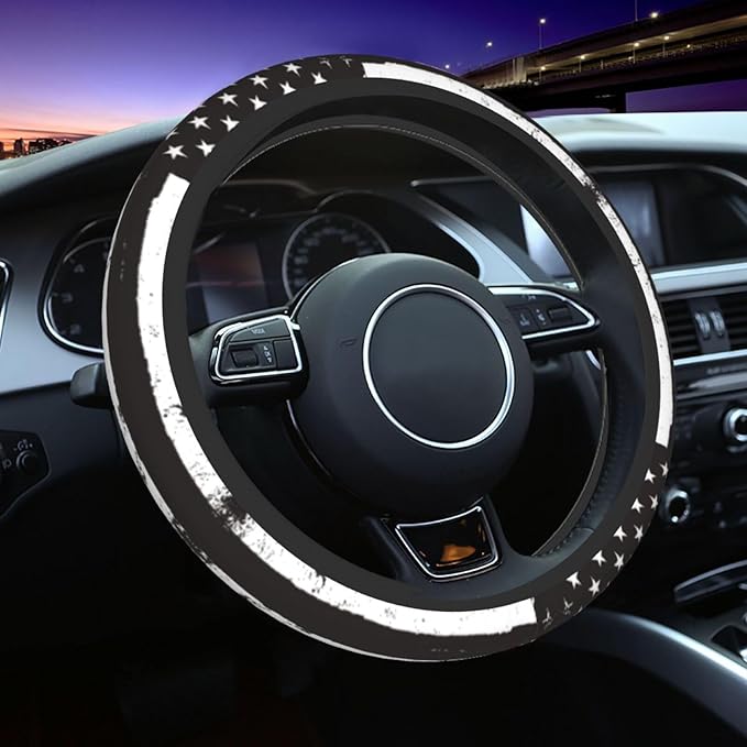 American Flag Steering Wheel Cover with 2 Car Coasters Non Slip Neoprene for Women Men Universal 15 Inch