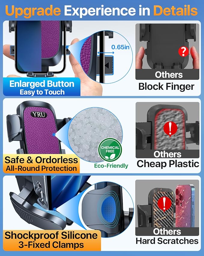 YRU [True Upgrade for Safety] Car Phone Holder Mount [Patent & Military-Grade] Dashboard Cell Phone Holder for Car Vent Windshield Phone Stand for iPhone 17 16 15 14 13 Pro Max Truck Samsung, Purple
