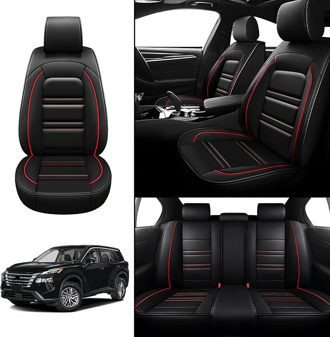 Seat Covers for Nissan Car Rogue 2008-2025 | 5-Seats Leather Seat Covers, Easy to Install Automotive Seat Covers Full Set (Full Set, Black&Red Line)