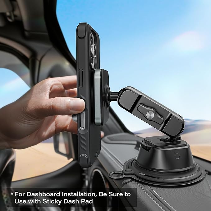 APPS2Car Heavy-Duty Vacuum Suction Phone Mount [Industrial 20x N55 Magnet, Alloy Arm, Ultra-Stable Suction Cup] for iPhone MagSafe/Samsung/All Phone, Magnetic Phone Holder for Car Windshield Dashboard