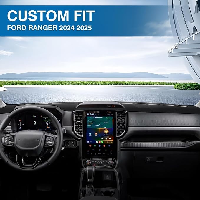 KUST Car Dash Cover for Ford Ranger 2024 2025 2026 (XLz, XLT, Lariat) Polyester Dashboard Cover Non-Slip Interior Accessories for Ranger Custom Fit Dash Mat Sunshade Windshield No Glare Black