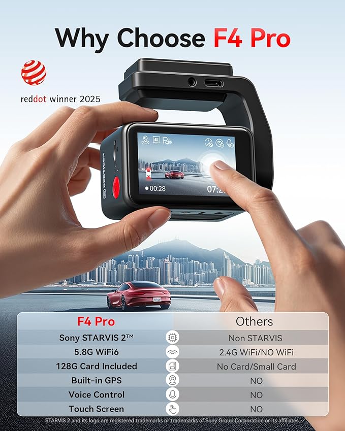 REDTIGER F4 Pro 4K Dash Cam Front and Rear, STARVIS 2 Sensor, 128GB Card Included, Built-in 5.8GHz WiFi6, 2.2inch Touch Screen Dash Camera for Cars, Voice Control, 24H Parking Mode