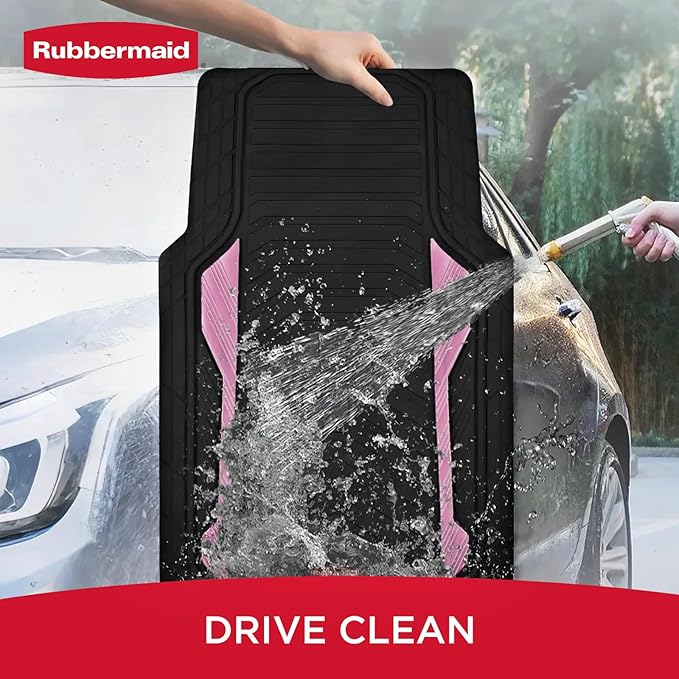 Rubbermaid Car Floor Mat, Heavy Duty All-Weather Car Mats Full Set with Dual-Tone Pink Aluminum Inserts – Universal Fit, Anti-Slip Backing, Trim-to-Fit for Most SUV, Sedan, Van