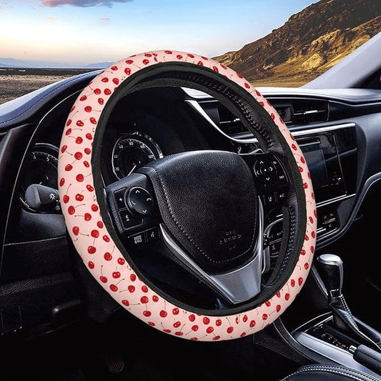 Red Cherry Fruit Steering Wheel Covers Anti-Slip Elasticity Car Accessories Steering Wheel Protector Universal 15 Inch for Cars SUV Vehicle Truck