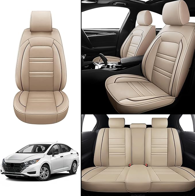 Seat Covers for Nissan Car Versa 2007-2025 | 5-Seats Leather Seat Covers, Easy to Install Automotive Seat Covers Full Set (Full Set, Beige)