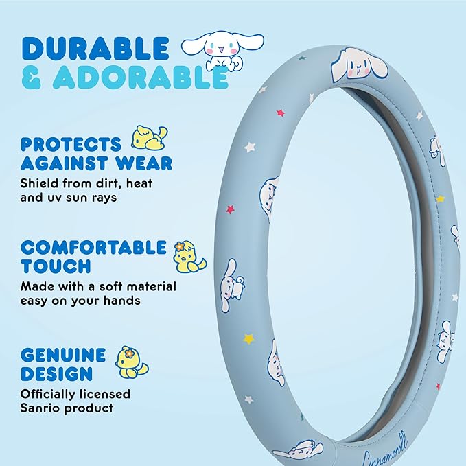 Sanrio Hello Kitty and Friends Cinnamoroll Blue Car Steering Wheel Cover, Universal Fit Cute Accessories for Women Stylish Decor Gifts Hello Kitty Car Accessories - Fits Standard Wheels 14.5"-15"