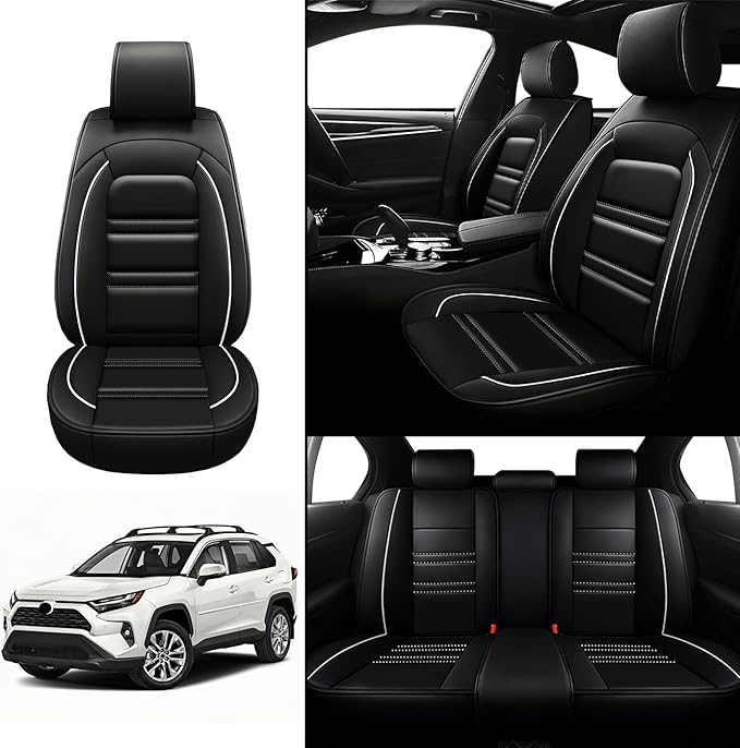 Seat Covers for Toyota rav4 2000-2025 | 5-Seats Leather Seat Covers, Easy to Install Automotive Seat Covers Full Set (Full Set, Black&White Line)