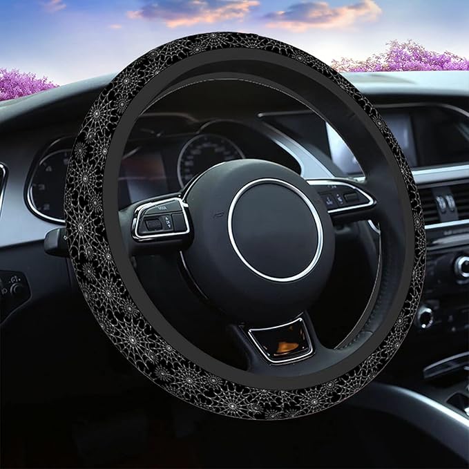Swono Spiders Web Car Steering Wheel Covers Abstract Spiders Web On Black Universal Fit 15 Inch Anti-Slip Steering Wheel Protector Cover Stretch-On Fabric Automotive Car SUV Sedans
