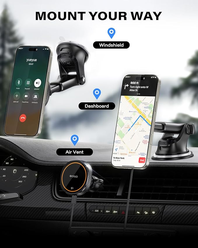 OQTIQ for Magnetic Car Mount Charger- QI2 Certified 15W Fast Wireless Charging Car Phone Holder with Strong Magnetic Grip, Built-in Cooling Fan, Suction Cup & Vent Mount [PD 30W Adaptor Included]