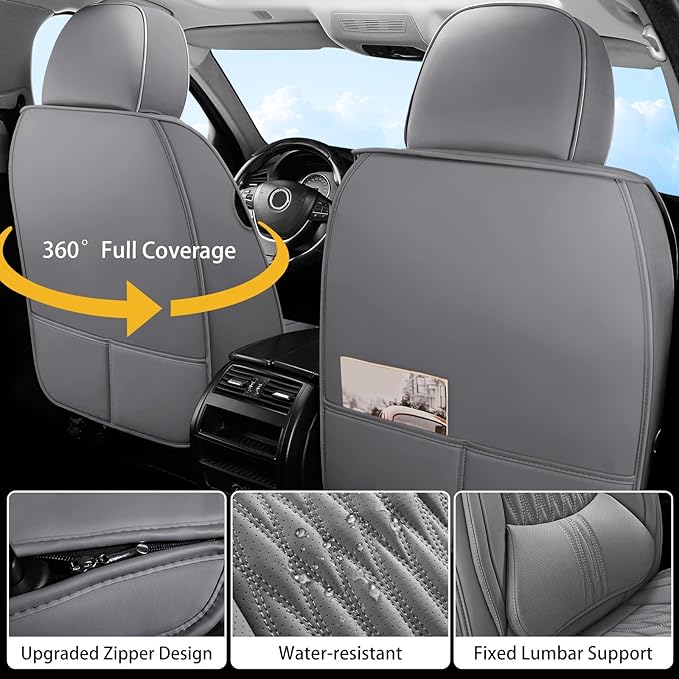 WELLDO Car Seat Covers Full Set, Premium Nappa Leather Seat Covers for Car, Waterproof Car Seat Protector with Lumbar Support, Automotive Seat Covers Universal Fit for Most Cars SUV Truck, Gray,w02.