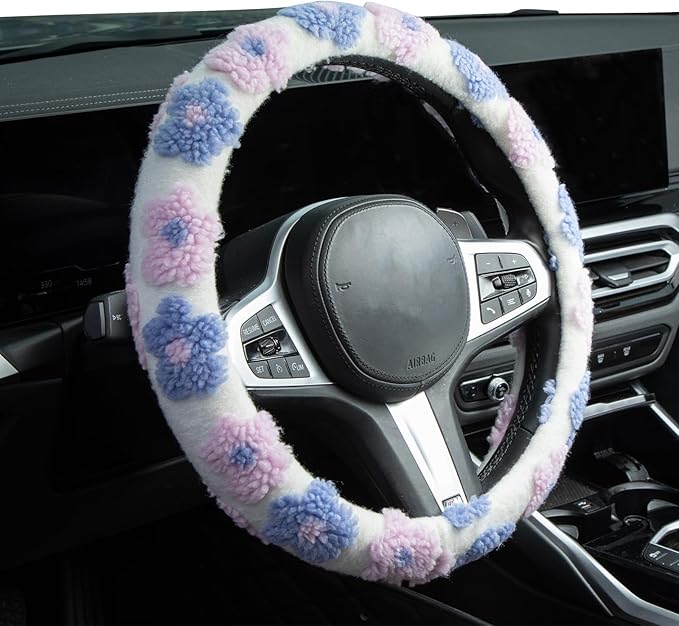 Plush Flowers Steering Wheel Cover Auto Plush Steering Wheel Protector, Anti-Slip, Breathable, Absorbing Sweat, Universal Car Accessories 14.5–15 inch,Fit for Most Car, Trucks, SUV