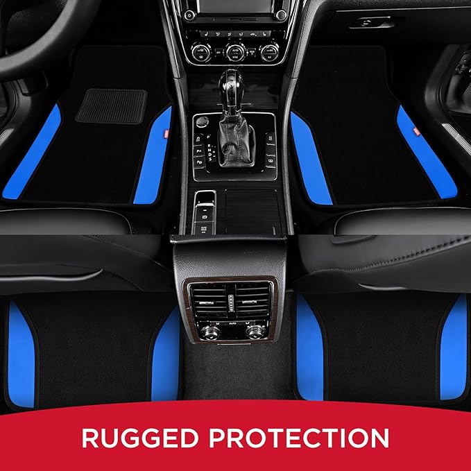 Rubbermaid Car Mats, Carpeted Floor Car Mat with Faux Leather & Built-in Heel Pad, Two-Tone Car Rug Floor Mats, Stylish Carpeted Floor Mats for Cars, Trucks & SUVs Blue Color