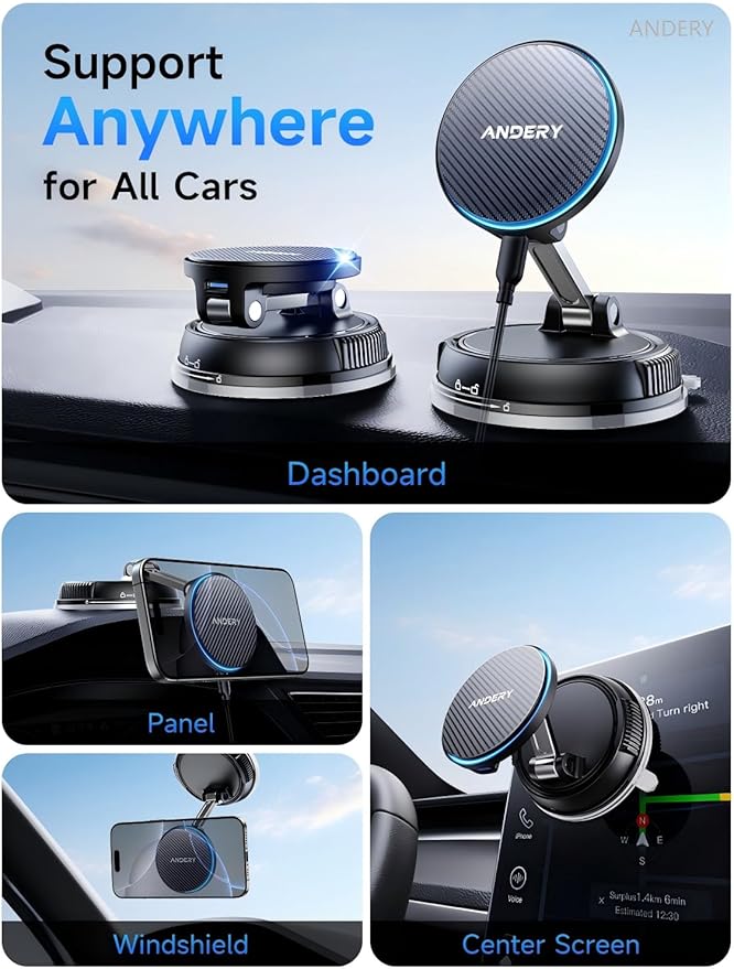 ANDERY Only for iPhone Magsafe Car Mount Charger [15W Fast Wireless Charging, 78+LBS Strong Suction, 2400gf Strong Magnetic] 360° Adjustable Phone Holders for Your Car, Stable Support Arm for Video