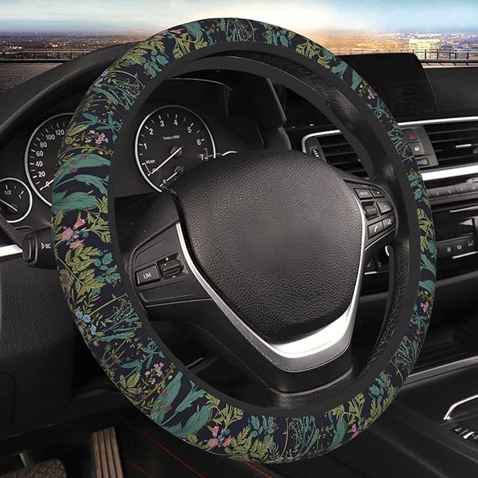 Vintage Daisy Leaves Flowers Steering Wheel Cover for Women, Anti-Slip Elastic Breathable Soft Rubber Car Steering Wheel Protective Cover, Universal 15 Inch Fit for Cars, Auto, SUVs