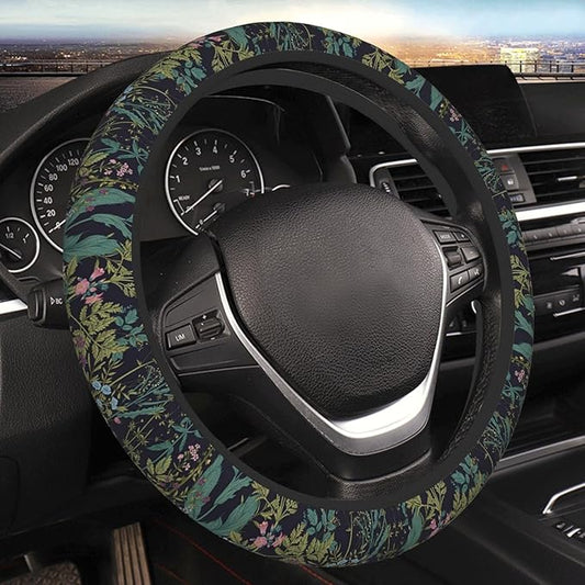 Vintage Daisy Leaves Flowers Steering Wheel Cover for Women, Anti-Slip Elastic Breathable Soft Rubber Car Steering Wheel Protective Cover, Universal 15 Inch Fit for Cars, Auto, SUVs
