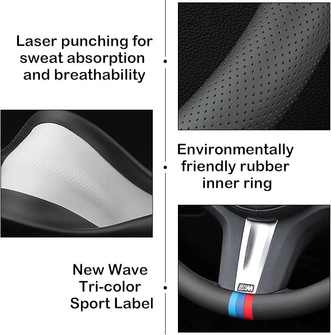 Tricolor Stripes Car Steering Wheel Cover,14.5-15 Inch Universal Nappa Leather 3D Mesh Covers Breathable Anti-Slip Odorless Steering Wheels Accessories for Men Women