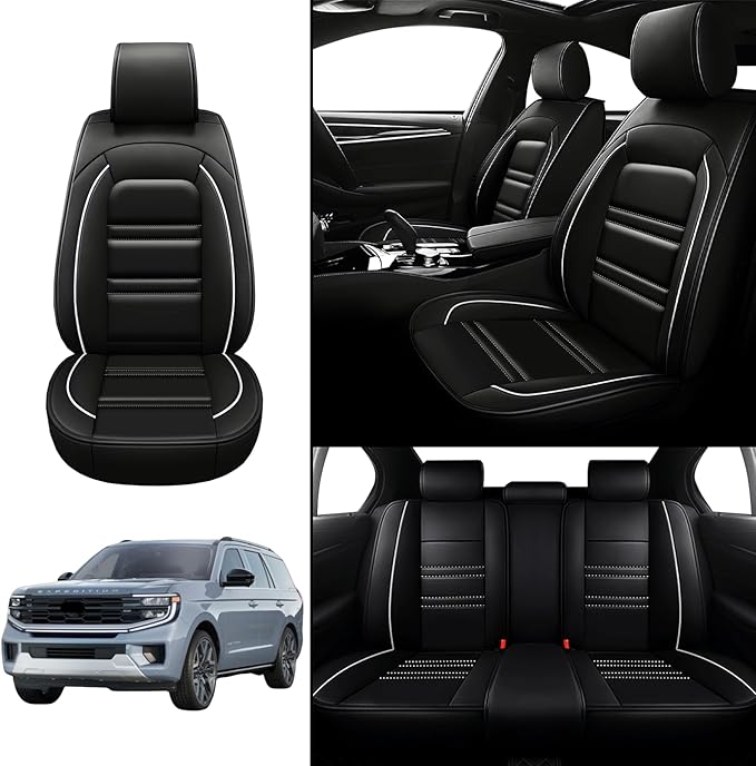 Seat Covers for Ford Expedition 1997-2025 | 5-Seats Leather Seat Covers, Easy to Install Automotive Seat Covers Full Set (Full Set, Black&White Line)