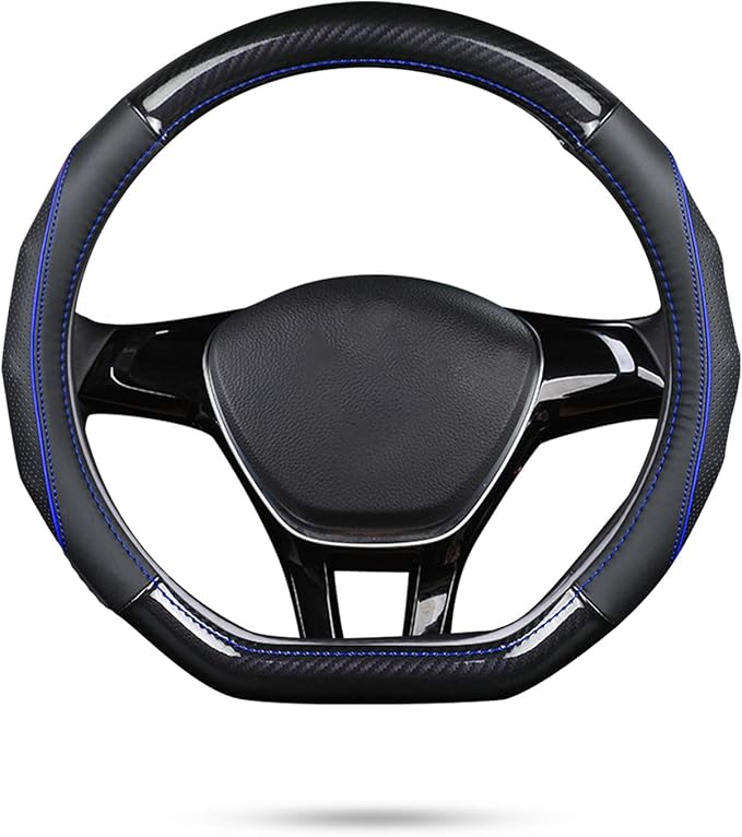 Ergocar Car Steering Wheel Cover Non-Slip Car Steering Wheel Protector Sport D-Shape Carbon Fiber & First Layer Cowhide Universal for Diameter 38cm(15") (D-Black-Blue)