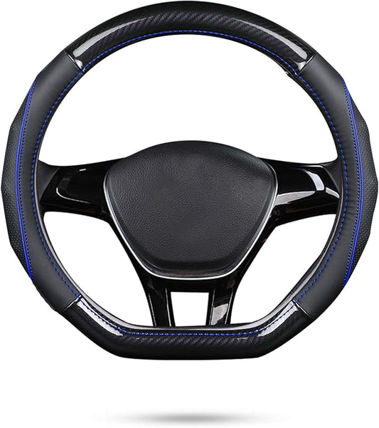 Ergocar Car Steering Wheel Cover Non-Slip Car Steering Wheel Protector Sport D-Shape Carbon Fiber & First Layer Cowhide Universal for Diameter 38cm(15") (D-Black-Blue)
