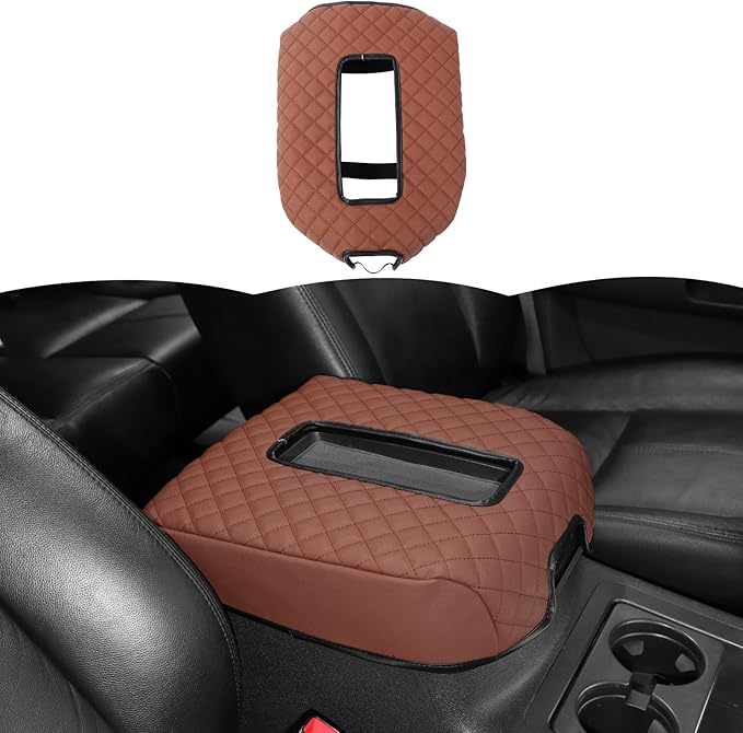 RT-TCZ Center Console Armrest Box Pad Cover Leather for Chevy Avalanche/Silverado/Suburban/Tahoe 2007-2013,for GMC Yukon/Sierra 2007-2013 (Brown)