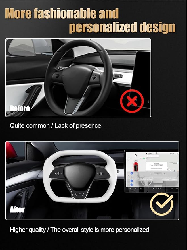 ZIMABLUE Cyber truck-Style Heated Steering Wheel for Tesla Model 3 (2017–2023) & Model Y (2020–2024) | White Microfiber Leather | White Center Stripe | Factory-Matched 1:1 Fitment