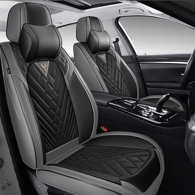Car Seat Cover Full Coverage Seat Cover Premium Waterproof Faux Leather Cushion Universal Accessories Fit SUV Sedan Automotive Vehicle Auto Interior Seat Protector Full Set(2 Seat-Headrest,Black&Gray)