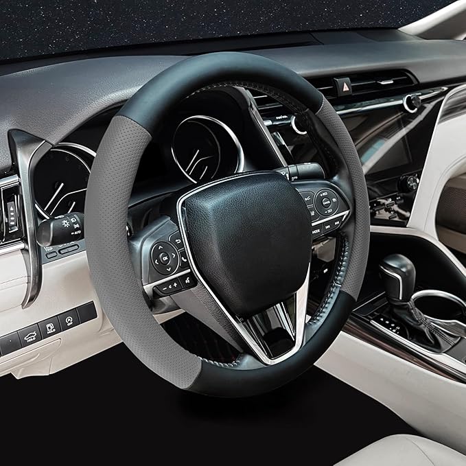 Steering Wheel Cover Standard Size 14.5-15 inch, Non-Slip Car Wheel Cover Protector, Breathable Microfiber Leather, Black and Gray