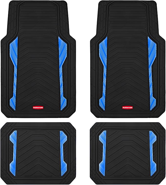 Rubbermaid Car Floor Mat, Heavy Duty All-Weather Car Mats Full Set with Dual-Tone Blue Aluminum Inserts – Universal Fit, Anti-Slip Backing, Trim-to-Fit for Most SUV, Sedan, Van