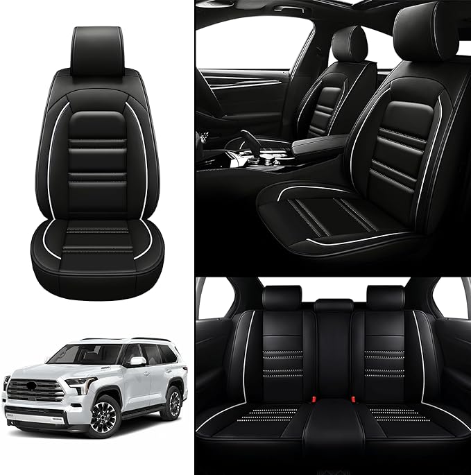 Seat Covers for Toyota Sequoia 2008-2025 | 5-Seats Leather Seat Covers, Easy to Install Automotive Seat Covers Full Set (Full Set, Black&White Line)