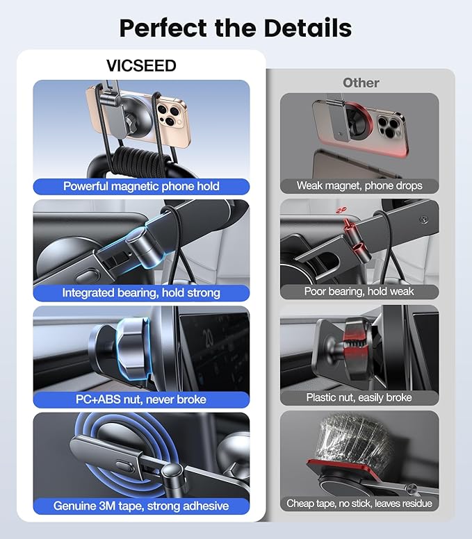 VICSEED Tesla Phone Mount【Strongest Magnet Power】 Foldable Hidden Tesla Phone Holder Fit for All Phones, Tesla Model 3/Y/Cybertruck Accessories, Tesla Model 3 Model Y for MagSafe Car Mount - Blue