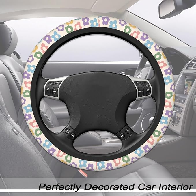 Abstract Colorful Floral Flowers Steering Wheel Cover for Women, Anti-Slip Elastic Breathable Soft Rubber Car Steering Wheel Protective Cover, Universal 15 Inch Fit for Cars, Auto, SUVs
