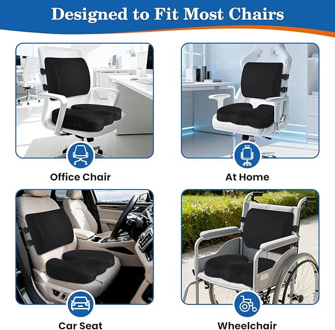 TushGuard Back&Seat Cushion, Car Seat Office Chair Cushions, Breathable Memory Foam Lumbar Back Support Pillow, Portable Airplane Seat Cushion for Travel, Computer Desk, Wheelchair, Driving (Black)