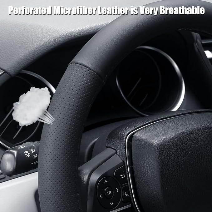 Steering Wheel Cover Standard Size 14.5-15 inch, Non-Slip Car Wheel Cover Protector, Breathable Microfiber Leather, Black