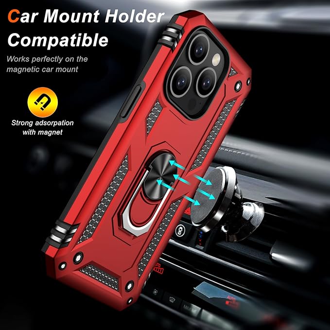 IKAZZ for iPhone 14 Pro Case 6.1 Inch with Screen Protector,Military Grade Shockproof Heavy Duty Protective Phone Cover Pass 16ft Drop Test with Magnetic Kickstand Car Mount Holder,Red