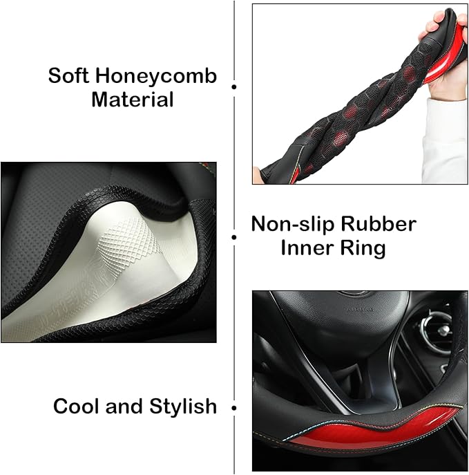 3D Honeycomb Red Steering Wheel Cover, 14.5-15 Inch Non-Slip Breathable Leather Car Steering Wheel Cover for Men Women