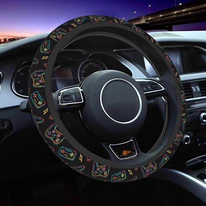 Game Steering Wheel Cover with 2 Car Coasters Non Slip Neoprene for Women Men Universal 15 Inch
