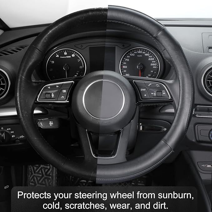 SEG Direct Car Steering Wheel Cover Large Size for F150 F250 F350 Ram 4Runner Tacoma Tundra Range Rover with 15 1/2 inches-16 inches Outer Diameter, Black Microfiber Leather