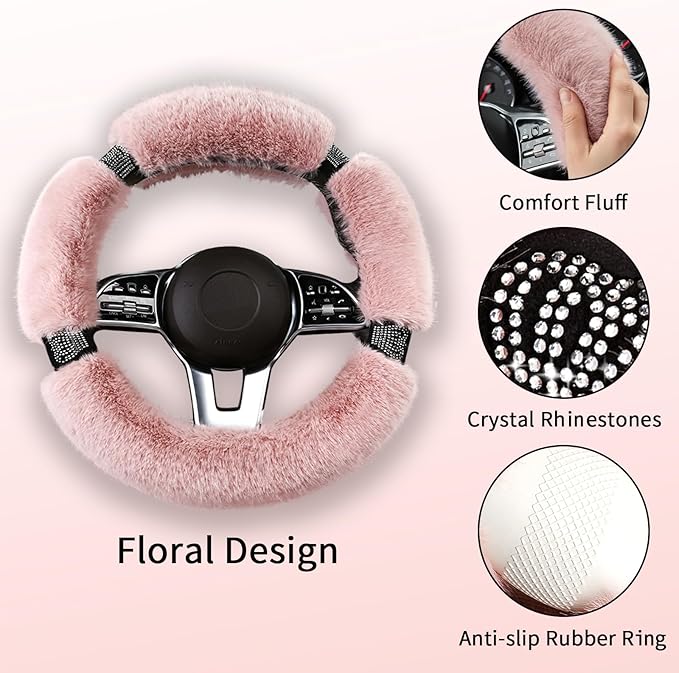 Fluffy Steering Wheel Cover for Women with Bling Crystal Diamond, Warm & Anti-Slip Plush Fur, Cute Girly Car Interior Decor Accessory, Universal Fit for 14.5-15 Inch Wheels (Pink)