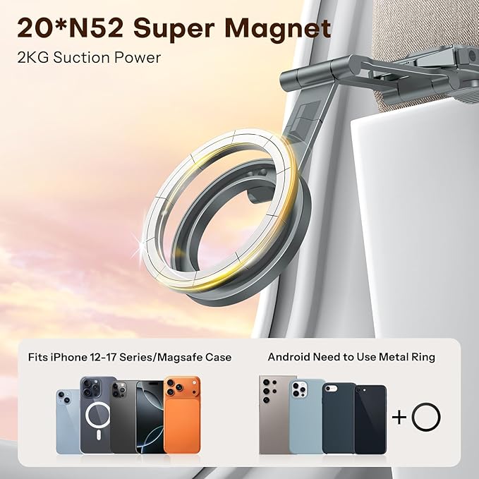 OMOTON 360°Rotating for MagSafe Tripod Mount, Adjustable Aluminum Magnetic Phone Tripod for iPhone 17/16/15/14 Pro Max Air, Foldable Cell Phone Stand Fits Vlog, Gym, Travel Essentials, Gray