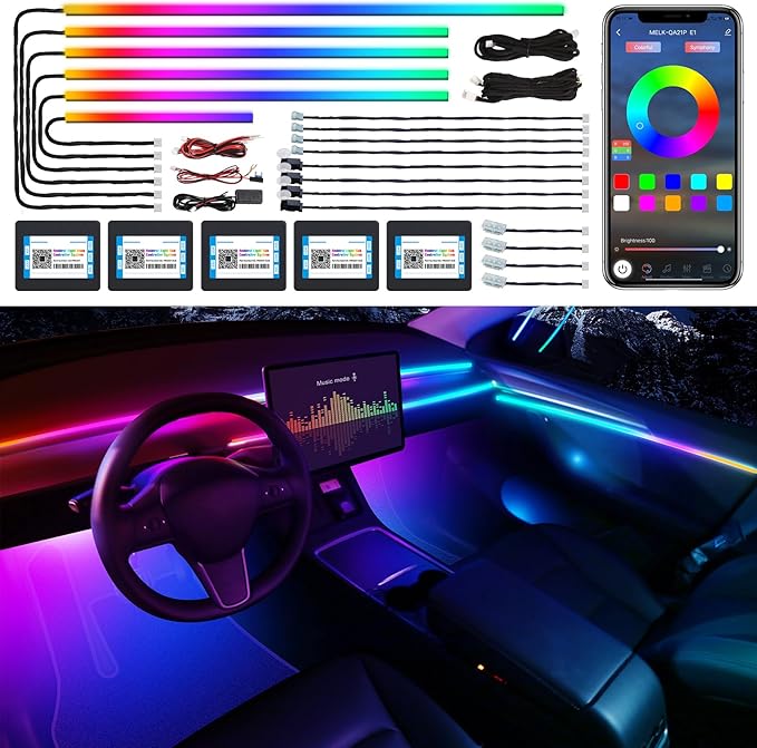 Dreamcolor Acrylic Interior Car LED Strip Light with Wireless APP, RGB 18 in 1 with 175 inches 600 LEDs Fiber Optic Car Ambient Lighting Kits, Dual Zone Sound Active Function LED Strip for Car