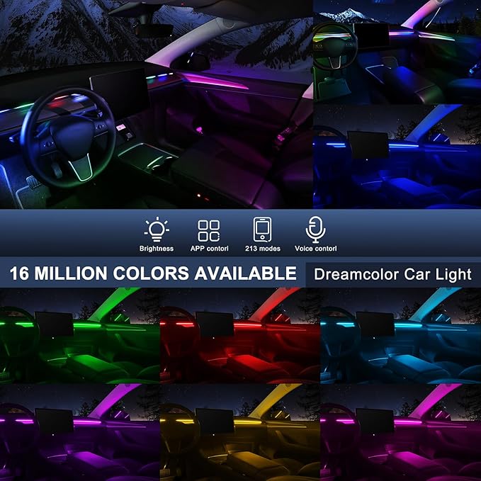 Dreamcolor Acrylic Interior Car LED Strip Light with USB Hub, 55.1 inches Fiber Optic Ambient Lighting Kits, RGB+IC Colors Sound Active Function Neon LED Strip