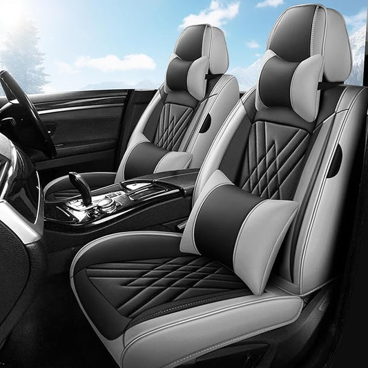 Seat Covers Fit for Toyota Corolla 2015-2026 Leather Car Seat Cover, Stylish Waterproof Breathable Easy to Install Airbag Compatibility Auto Interior Accessories(Front Set with Pillow,Black Gray)