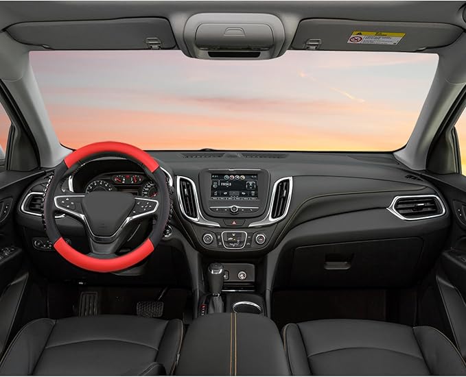 West Llama Nappa Leather Car Steering Wheel Cover Gel Massage,Cool in Summer,Universal 15 inch(Red+Black-Standard Size)