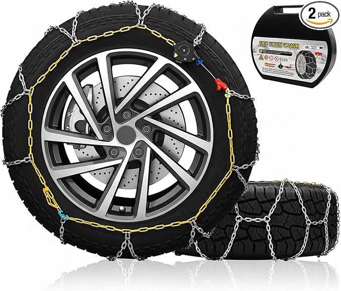 Auto Tightening Snow Chains for Car, SUV & Pickup Trucks – 1-Min Quick Install, Reusable Emergency Tire Chains for Snow & Ice Traction – Set of 2 (HKN90)