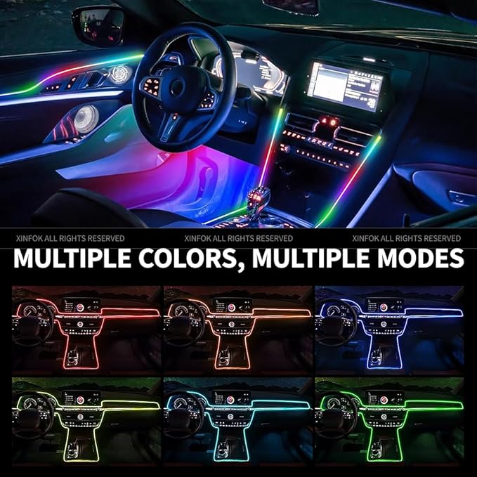 Acrylic Ambient Lighting Car Interior, 10 in 1 Dream Color Acrylic Led Strips Fiber Optic Lights Kit with APP USB Hub,Flexible Dynamic Neon Music Sync Emotion Glow Footwell Lighting for Car