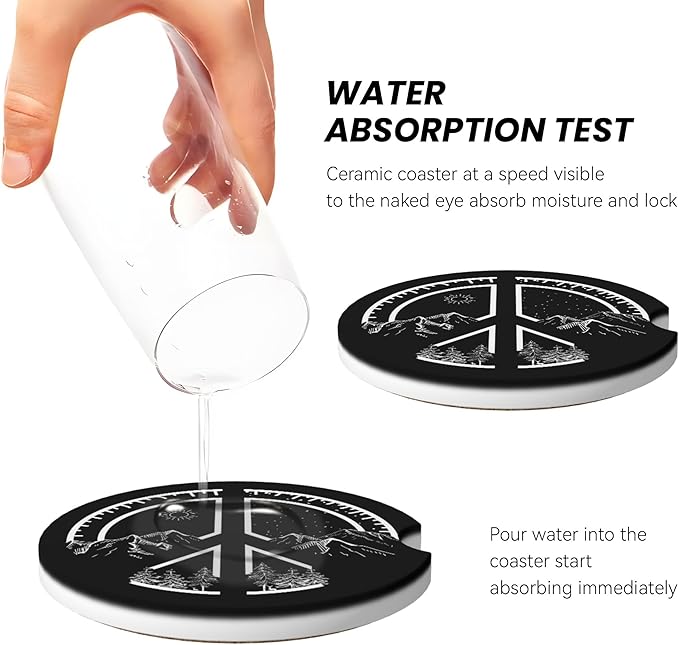 Absorbent Car Coasters for Cup Holders, 2 Pack Universal Anti Slip Ceramic Cup Coaster for Women Men 2.56 Inch Car Interior Accessories - Peace Mountain 017