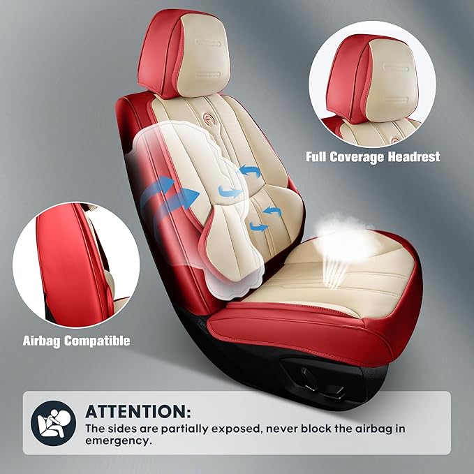 AOOG Front Seat Covers, Car Seat Covers Front Seats, Leather Seat Covers for Cars, Waterproof Seat Covers with Lumbar Support Universal Fit for Most Cars SUV Trucks(Front Pair, Red)